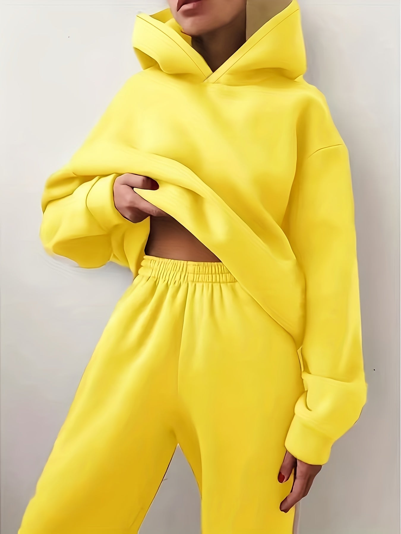 Two-piece Set, Solid Casual Kangaroo Pocket Hoodie and Elastic Waist Pants Outfits, Women's Clothing