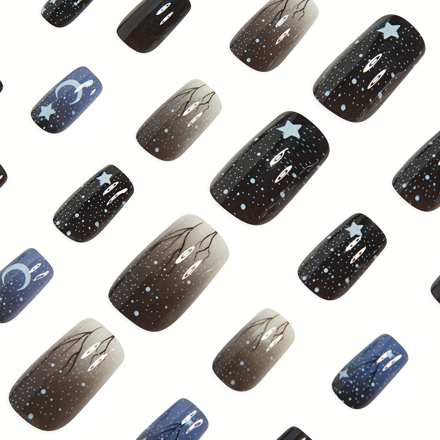 24pcs Gothic Press-On Nails Set, Starry Night Sky and Forest Design, Square Shape, Medium Length, Black and Blue Glossy Finish, Removable Fake Nail Kit for Women and Girls with Jelly Glue and Nail File