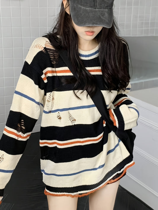 [Seasonal Fashion] Women's Casual Striped Ripped Knit Sweater - Long Sleeve, Round Neck Pullover in Black, White, and Orange, Distressed Detail, High-Stretch Polyester Blend