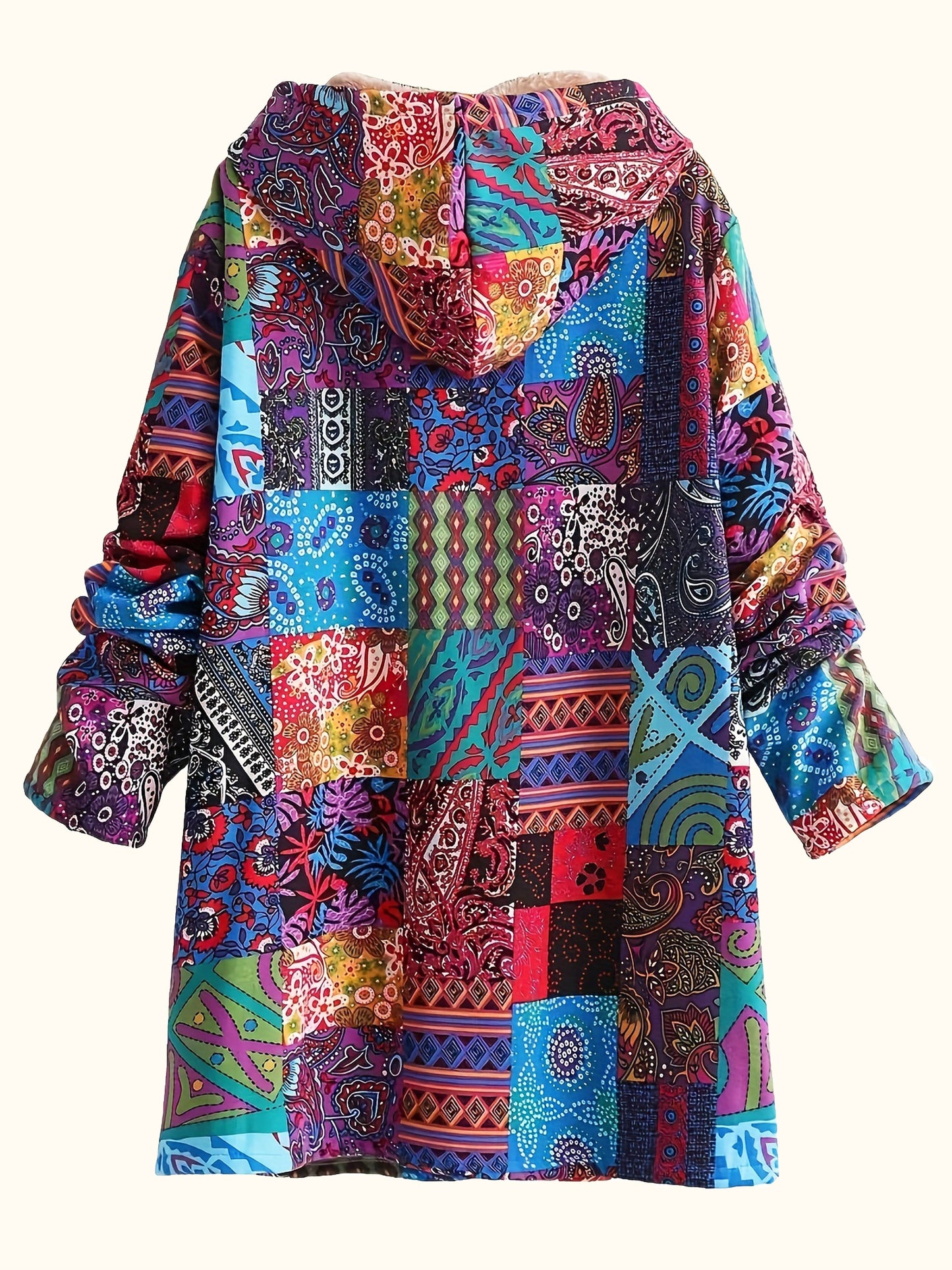 Ultra-Warm Chic Ethnic Print Hooded Jacket with Fleece Lining - Comfortable Casual Long Sleeve Outerwear for Women, Machine Washable, Button Pockets, Autumn & Winter