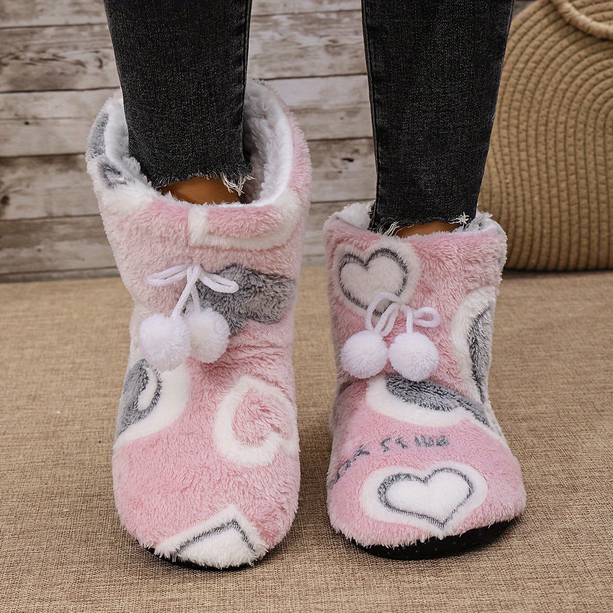 Women's Elegant Heart-Shaped Soft Sole Slippers, Winter Gray Quiet Home Shoes with Fabric Upper and Lining