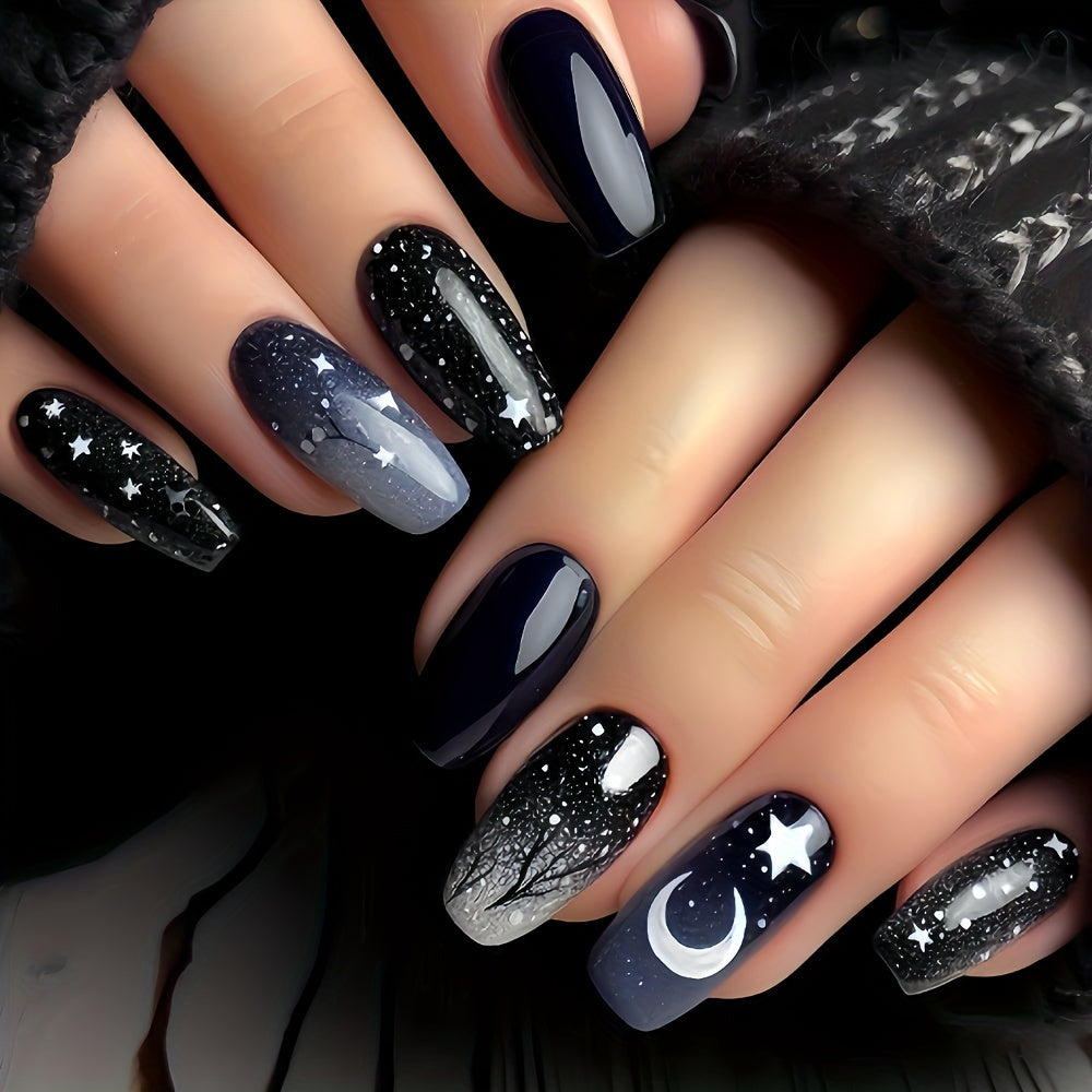 24pcs Gothic Press-On Nails Set, Starry Night Sky and Forest Design, Square Shape, Medium Length, Black and Blue Glossy Finish, Removable Fake Nail Kit for Women and Girls with Jelly Glue and Nail File