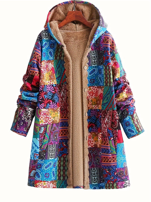 Ultra-Warm Chic Ethnic Print Hooded Jacket with Fleece Lining - Comfortable Casual Long Sleeve Outerwear for Women, Machine Washable, Button Pockets, Autumn & Winter