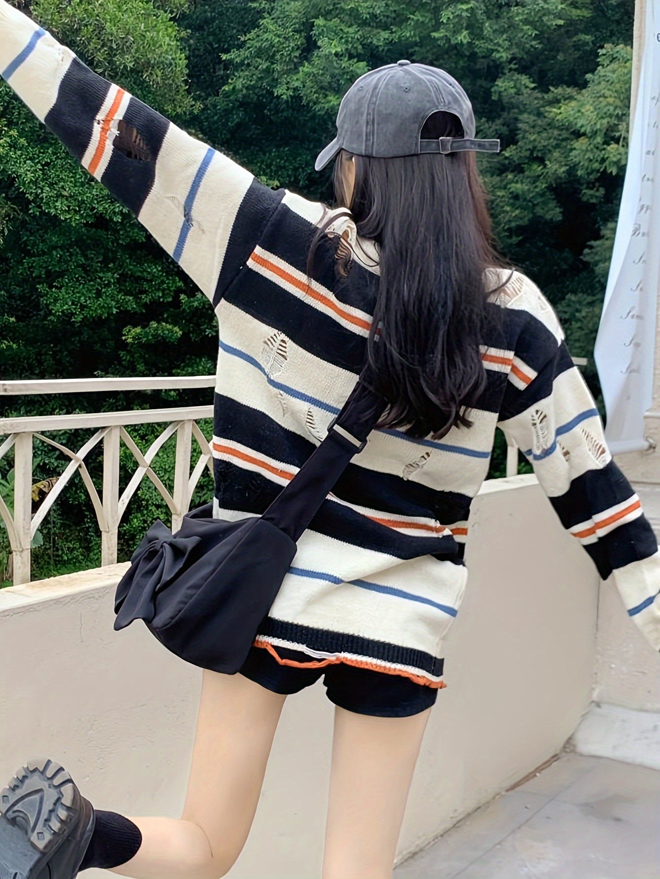 [Seasonal Fashion] Women's Casual Striped Ripped Knit Sweater - Long Sleeve, Round Neck Pullover in Black, White, and Orange, Distressed Detail, High-Stretch Polyester Blend