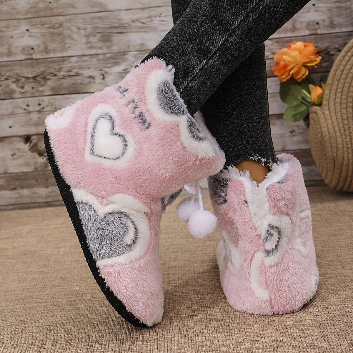 Women's Elegant Heart-Shaped Soft Sole Slippers, Winter Gray Quiet Home Shoes with Fabric Upper and Lining