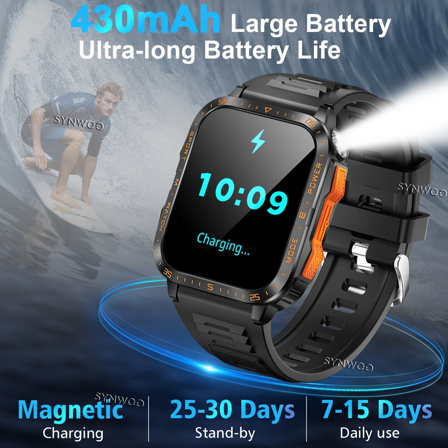 Smartwatch for Men/Women - 4.98cm Touch Screen,, LED Flashlight, UV Light, Wireless Calling, 430mAh Rechargeable Battery, Silicone Band, Fitness & Activity Tracker with Multiple Sports Modes, Game, Weather, Calculator