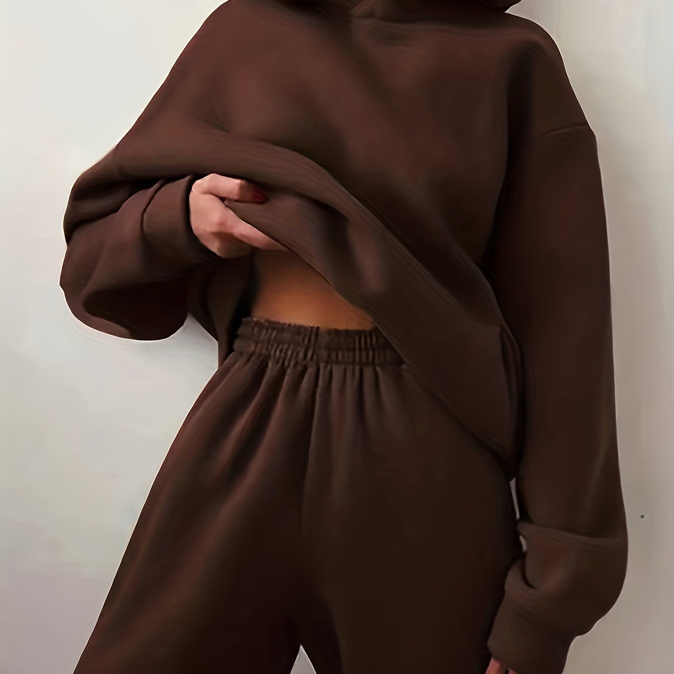 Two-piece Set, Solid Casual Kangaroo Pocket Hoodie and Elastic Waist Pants Outfits, Women's Clothing