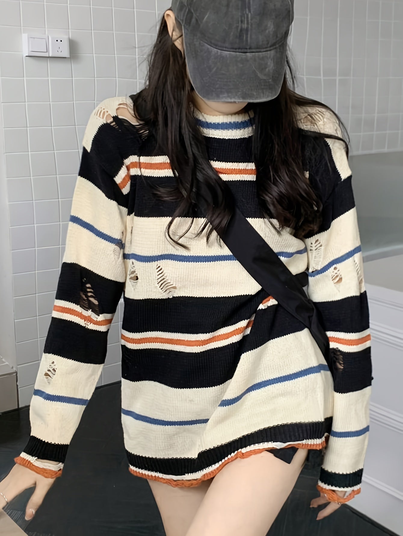 [Seasonal Fashion] Women's Casual Striped Ripped Knit Sweater - Long Sleeve, Round Neck Pullover in Black, White, and Orange, Distressed Detail, High-Stretch Polyester Blend