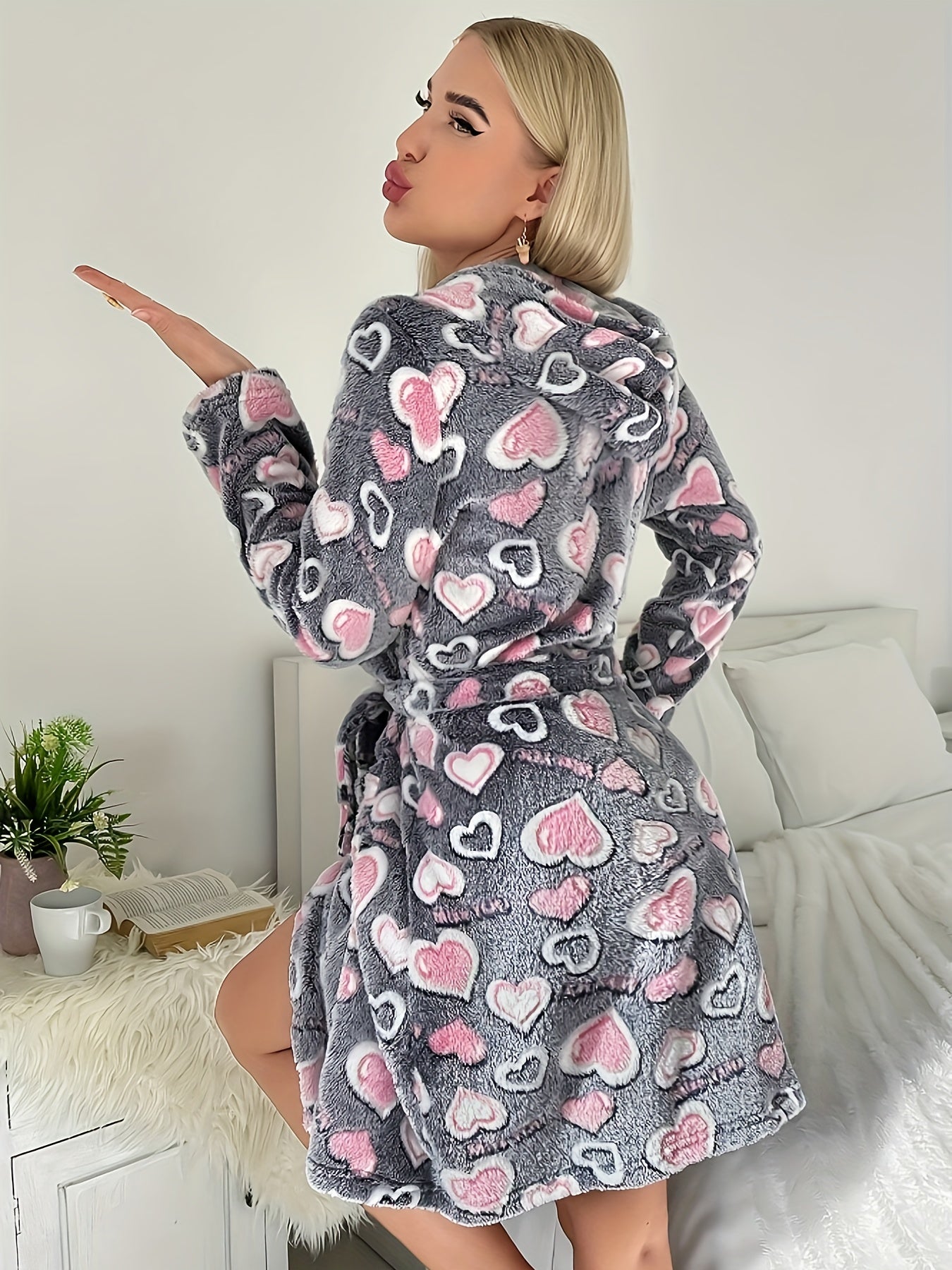 Cozy Long Sleeve Hooded Flannel Robe 1pc - Polyester Knit Belted Loungewear with Heart Pattern and Belt