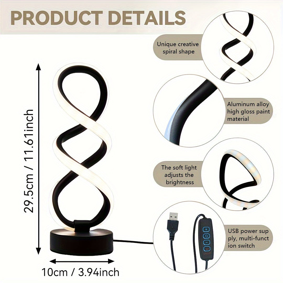 Polished Metal Unique Spiral LED Desk Lamp - Adjustable, USB Powered with Button Control - Perfect for Home Office Decor, Available in Black/White