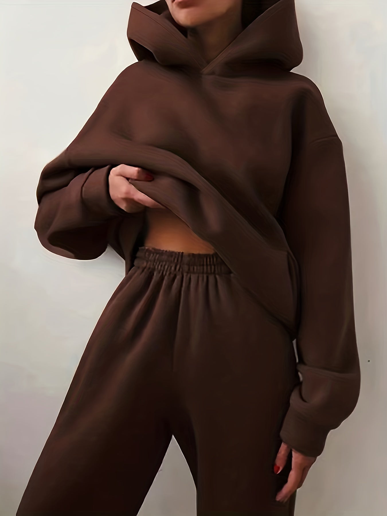 Two-piece Set, Solid Casual Kangaroo Pocket Hoodie and Elastic Waist Pants Outfits, Women's Clothing