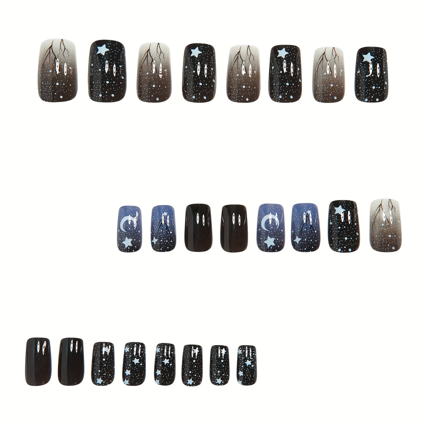 24pcs Gothic Press-On Nails Set, Starry Night Sky and Forest Design, Square Shape, Medium Length, Black and Blue Glossy Finish, Removable Fake Nail Kit for Women and Girls with Jelly Glue and Nail File