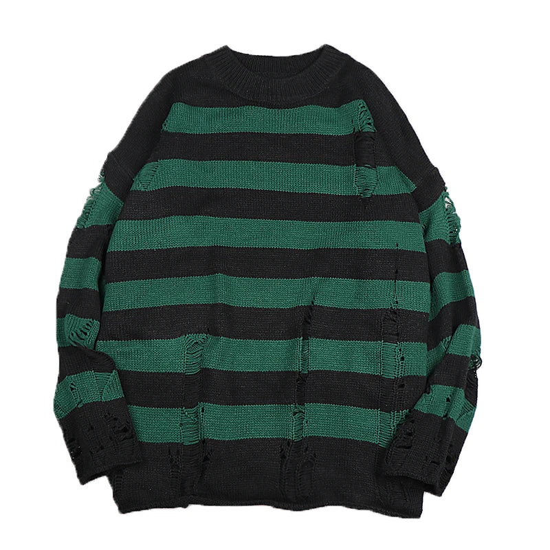 Black Stripe Sweaters Destroyed Ripped Sweater Women Pullover Hole Knit Jumpers Oversized Sweatshirt Harajuku Long Sleeve Tops