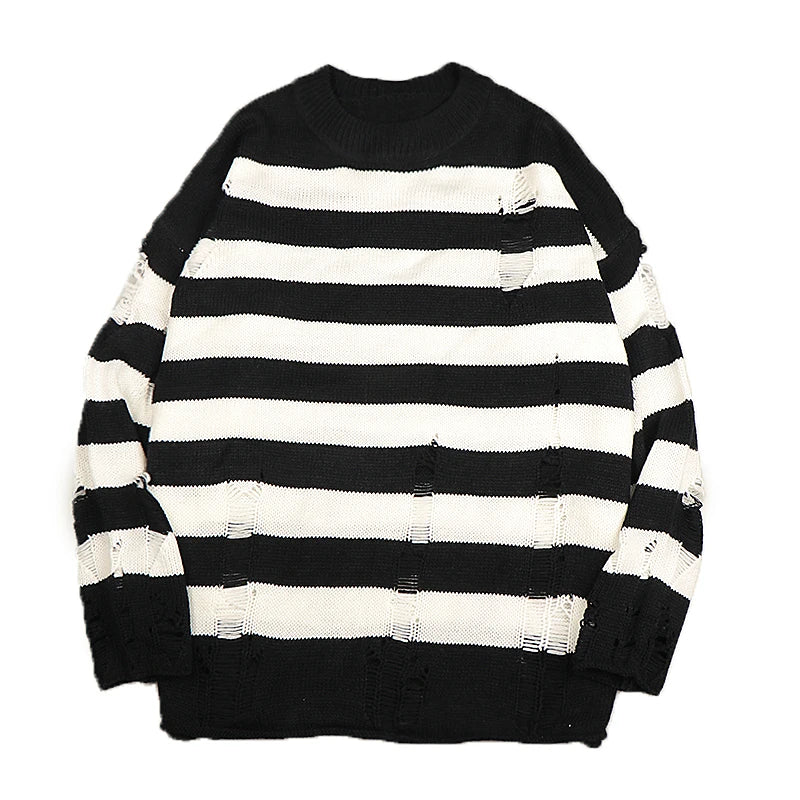 Black Stripe Sweaters Destroyed Ripped Sweater Women Pullover Hole Knit Jumpers Oversized Sweatshirt Harajuku Long Sleeve Tops