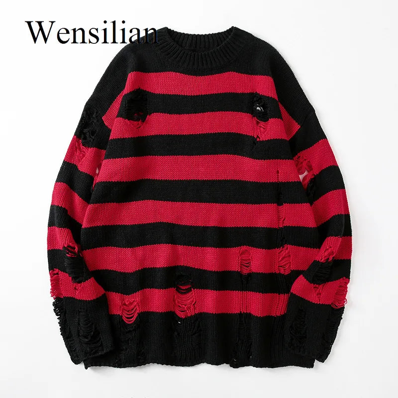 Black Stripe Sweaters Destroyed Ripped Sweater Women Pullover Hole Knit Jumpers Oversized Sweatshirt Harajuku Long Sleeve Tops