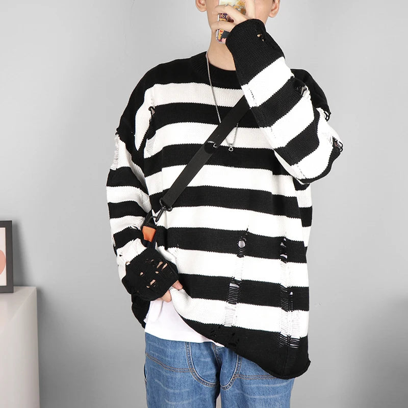 Black Stripe Sweaters Destroyed Ripped Sweater Women Pullover Hole Knit Jumpers Oversized Sweatshirt Harajuku Long Sleeve Tops