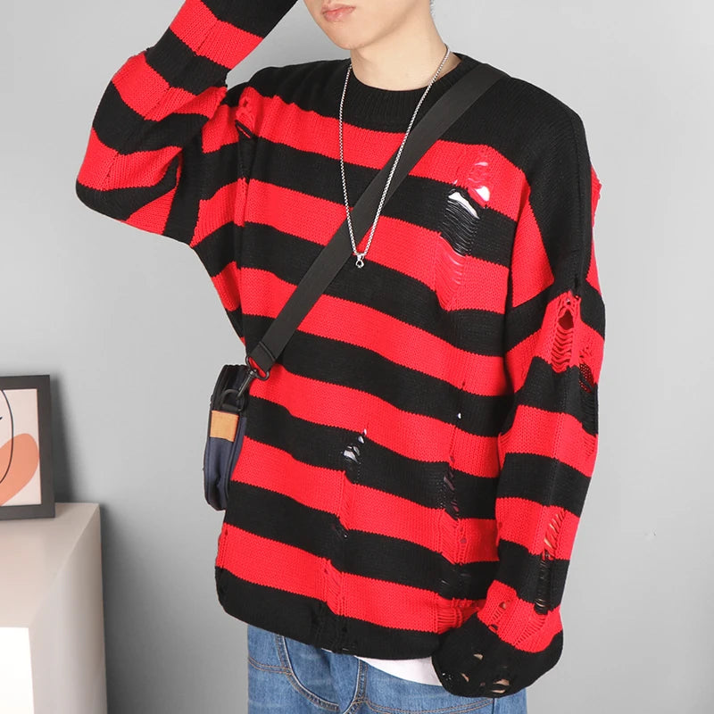 Black Stripe Sweaters Destroyed Ripped Sweater Women Pullover Hole Knit Jumpers Oversized Sweatshirt Harajuku Long Sleeve Tops