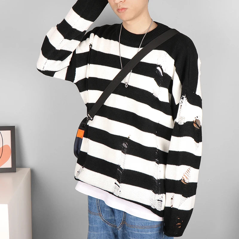 Black Stripe Sweaters Destroyed Ripped Sweater Women Pullover Hole Knit Jumpers Oversized Sweatshirt Harajuku Long Sleeve Tops