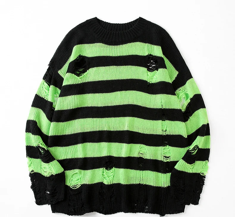 Black Stripe Sweaters Destroyed Ripped Sweater Women Pullover Hole Knit Jumpers Oversized Sweatshirt Harajuku Long Sleeve Tops