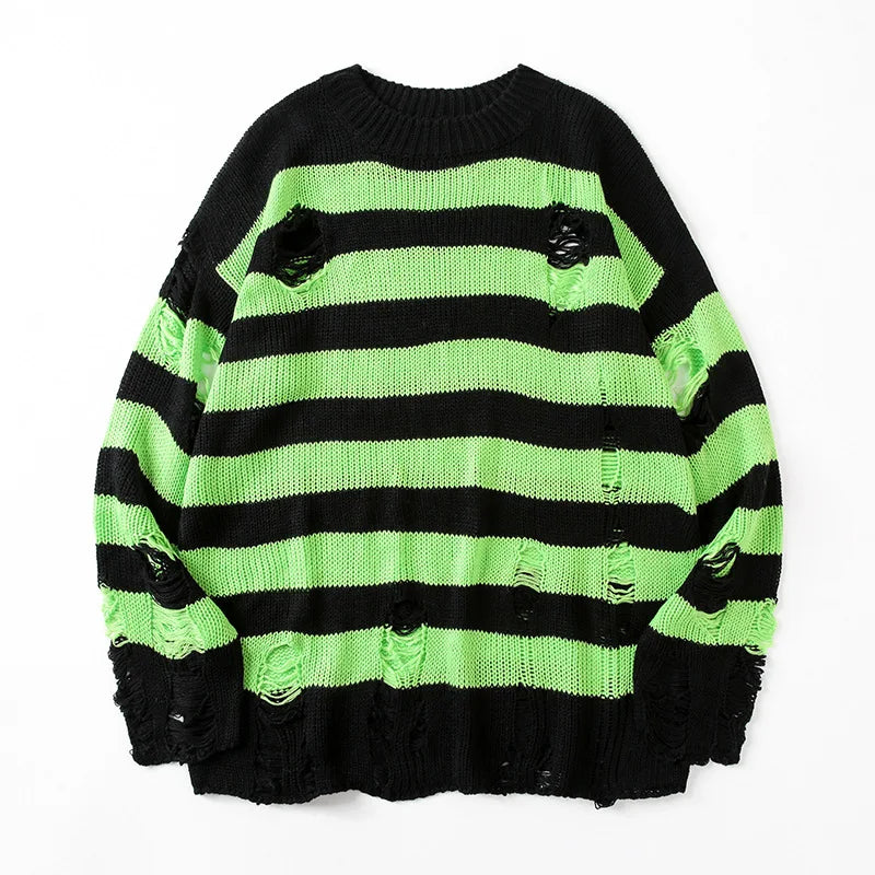 Black Stripe Sweaters Destroyed Ripped Sweater Women Pullover Hole Knit Jumpers Oversized Sweatshirt Harajuku Long Sleeve Tops