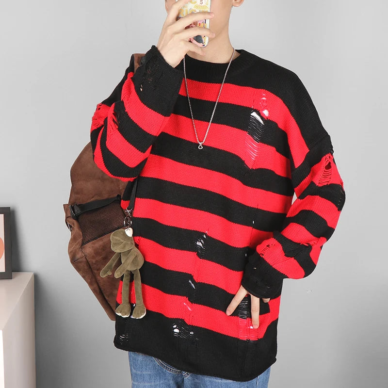 Black Stripe Sweaters Destroyed Ripped Sweater Women Pullover Hole Knit Jumpers Oversized Sweatshirt Harajuku Long Sleeve Tops