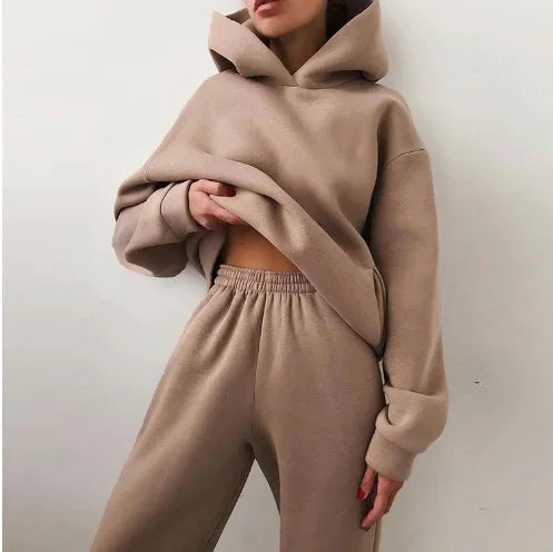 Cross-Border European and American Solid Color Loose-Fit Autumn/Winter Thickened Women's Suit Sports Casual Fashionable Hooded S