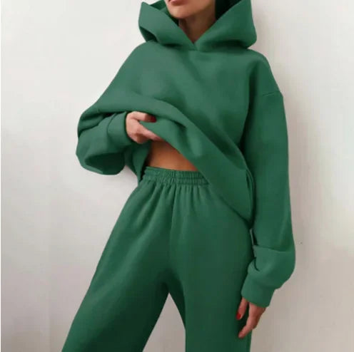 Cross-Border European and American Solid Color Loose-Fit Autumn/Winter Thickened Women's Suit Sports Casual Fashionable Hooded S