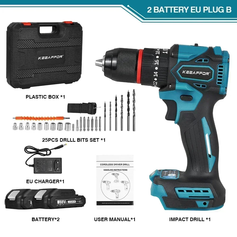 K1200W 450NM Torque Brushless Electric Impact Drill 20Gears Electric Screwdriver Cordless Tools For Makita 18v Battery