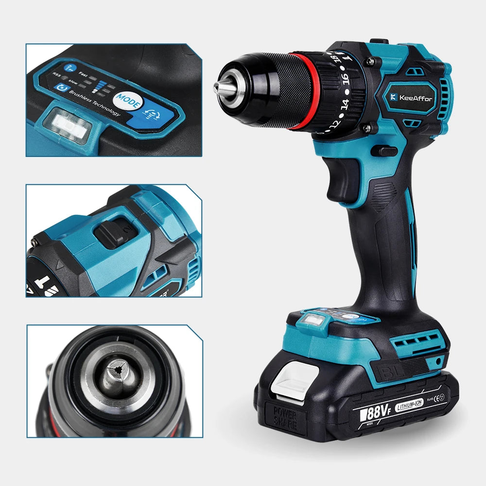 K1200W 450NM Torque Brushless Electric Impact Drill 20Gears Electric Screwdriver Cordless Tools For Makita 18v Battery