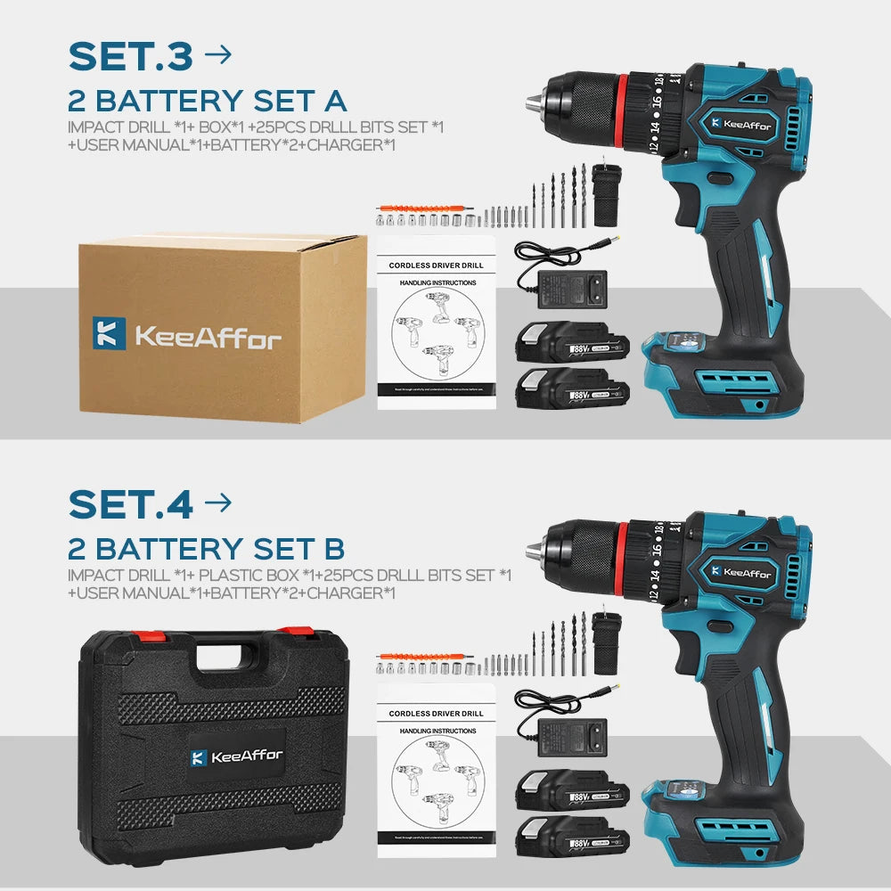 K1200W 450NM Torque Brushless Electric Impact Drill 20Gears Electric Screwdriver Cordless Tools For Makita 18v Battery