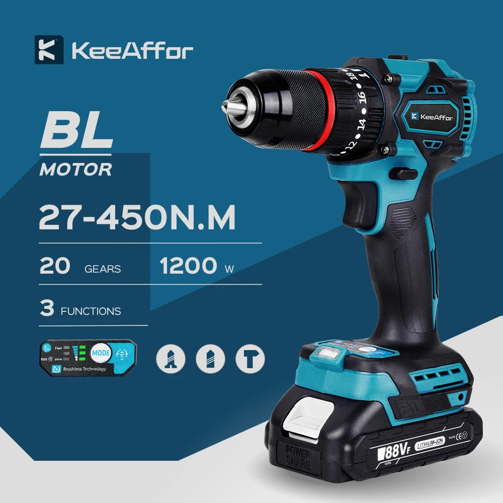 K1200W 450NM Torque Brushless Electric Impact Drill 20Gears Electric Screwdriver Cordless Tools For Makita 18v Battery