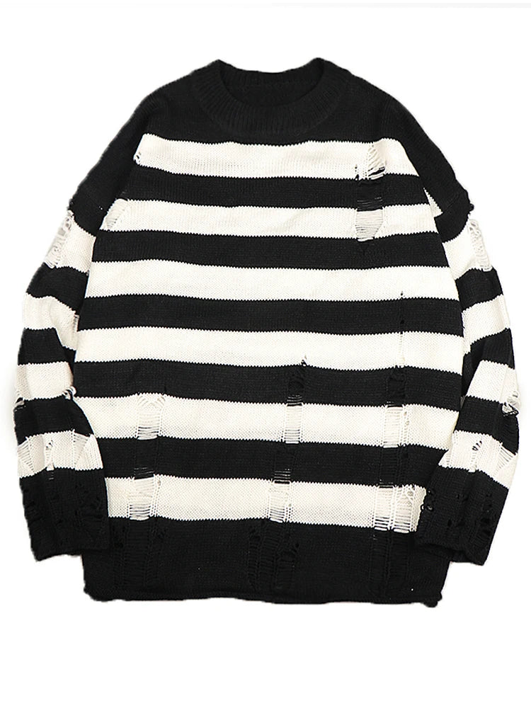 Black Stripe Sweaters Destroyed Ripped Sweater Women Pullover Hole Knit Jumpers Oversized Sweatshirt Harajuku Long Sleeve Tops