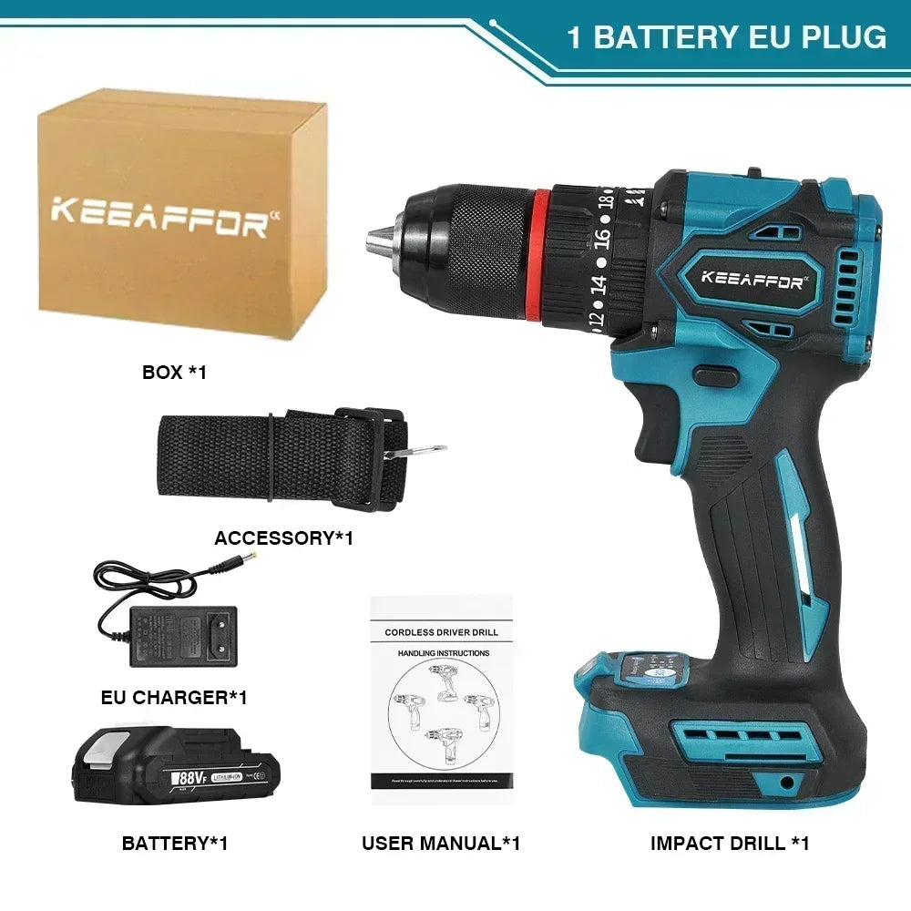 K1200W 450NM Torque Brushless Electric Impact Drill 20Gears Electric Screwdriver Cordless Tools For Makita 18v Battery