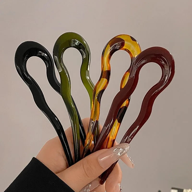 U-Shaped Hair Fork Fashion Retro Style Acetate Acrylic Hairpin Geometric Design Head Wear Sticks Women Girls Hair Accessories