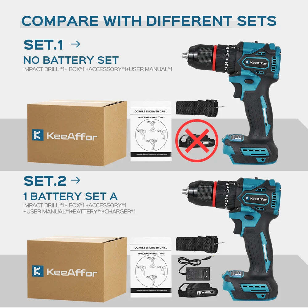 K1200W 450NM Torque Brushless Electric Impact Drill 20Gears Electric Screwdriver Cordless Tools For Makita 18v Battery