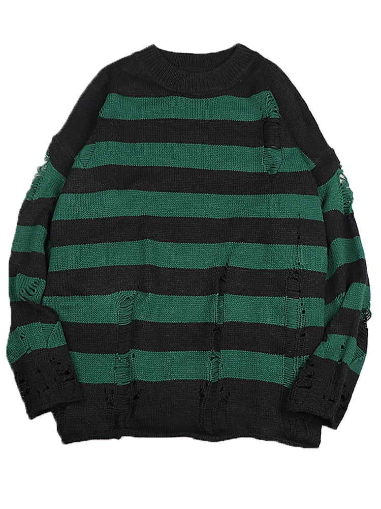 Black Stripe Sweaters Destroyed Ripped Sweater Women Pullover Hole Knit Jumpers Oversized Sweatshirt Harajuku Long Sleeve Tops