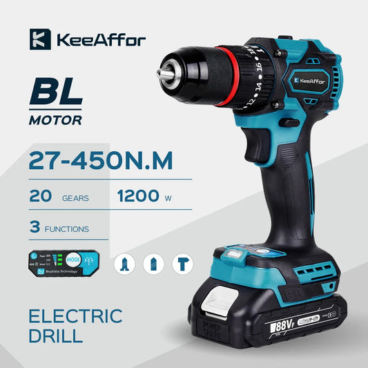 K1200W 450NM Torque Brushless Electric Impact Drill 20Gears Electric Screwdriver Cordless Tools For Makita 18v Battery