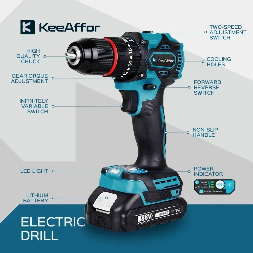 K1200W 450NM Torque Brushless Electric Impact Drill 20Gears Electric Screwdriver Cordless Tools For Makita 18v Battery