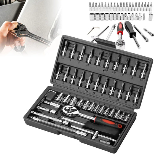 46PCS Socket Set Metric Wrench 1/4" Drive  Ratchet Bit Set Wrench Torx Hex Extension Bar Ratchet Repair Hand Tool