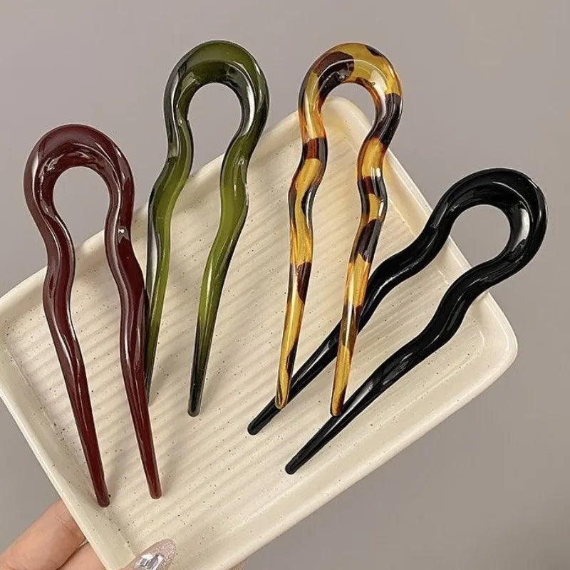 U-Shaped Hair Fork Fashion Retro Style Acetate Acrylic Hairpin Geometric Design Head Wear Sticks Women Girls Hair Accessories