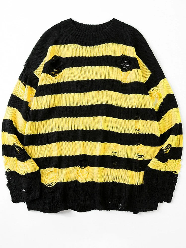 Black Stripe Sweaters Destroyed Ripped Sweater Women Pullover Hole Knit Jumpers Oversized Sweatshirt Harajuku Long Sleeve Tops