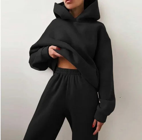 Cross-Border European and American Solid Color Loose-Fit Autumn/Winter Thickened Women's Suit Sports Casual Fashionable Hooded S