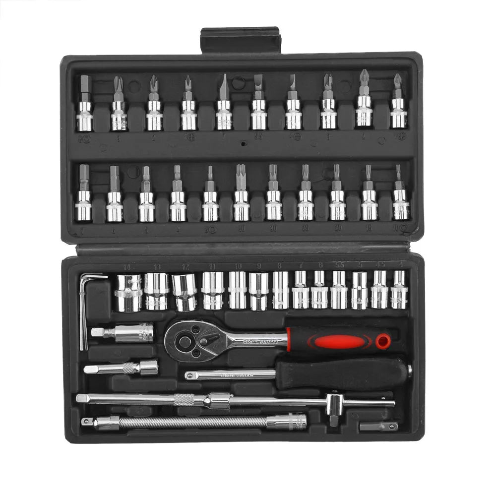 46PCS Socket Set Metric Wrench 1/4" Drive  Ratchet Bit Set Wrench Torx Hex Extension Bar Ratchet Repair Hand Tool