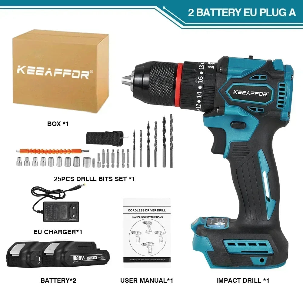 K1200W 450NM Torque Brushless Electric Impact Drill 20Gears Electric Screwdriver Cordless Tools For Makita 18v Battery