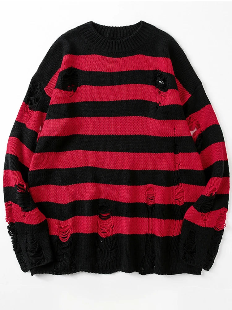 Black Stripe Sweaters Destroyed Ripped Sweater Women Pullover Hole Knit Jumpers Oversized Sweatshirt Harajuku Long Sleeve Tops