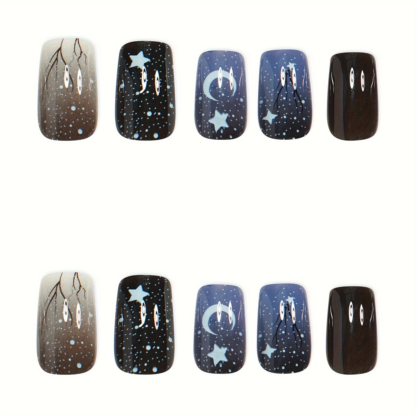 24pcs Gothic Press-On Nails Set, Starry Night Sky and Forest Design, Square Shape, Medium Length, Black and Blue Glossy Finish, Removable Fake Nail Kit for Women and Girls with Jelly Glue and Nail File