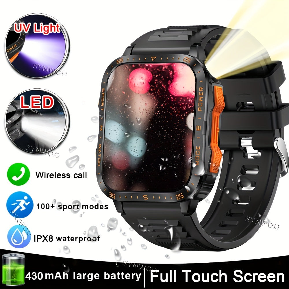 Smartwatch for Men/Women - 4.98cm Touch Screen,, LED Flashlight, UV Light, Wireless Calling, 430mAh Rechargeable Battery, Silicone Band, Fitness & Activity Tracker with Multiple Sports Modes, Game, Weather, Calculator