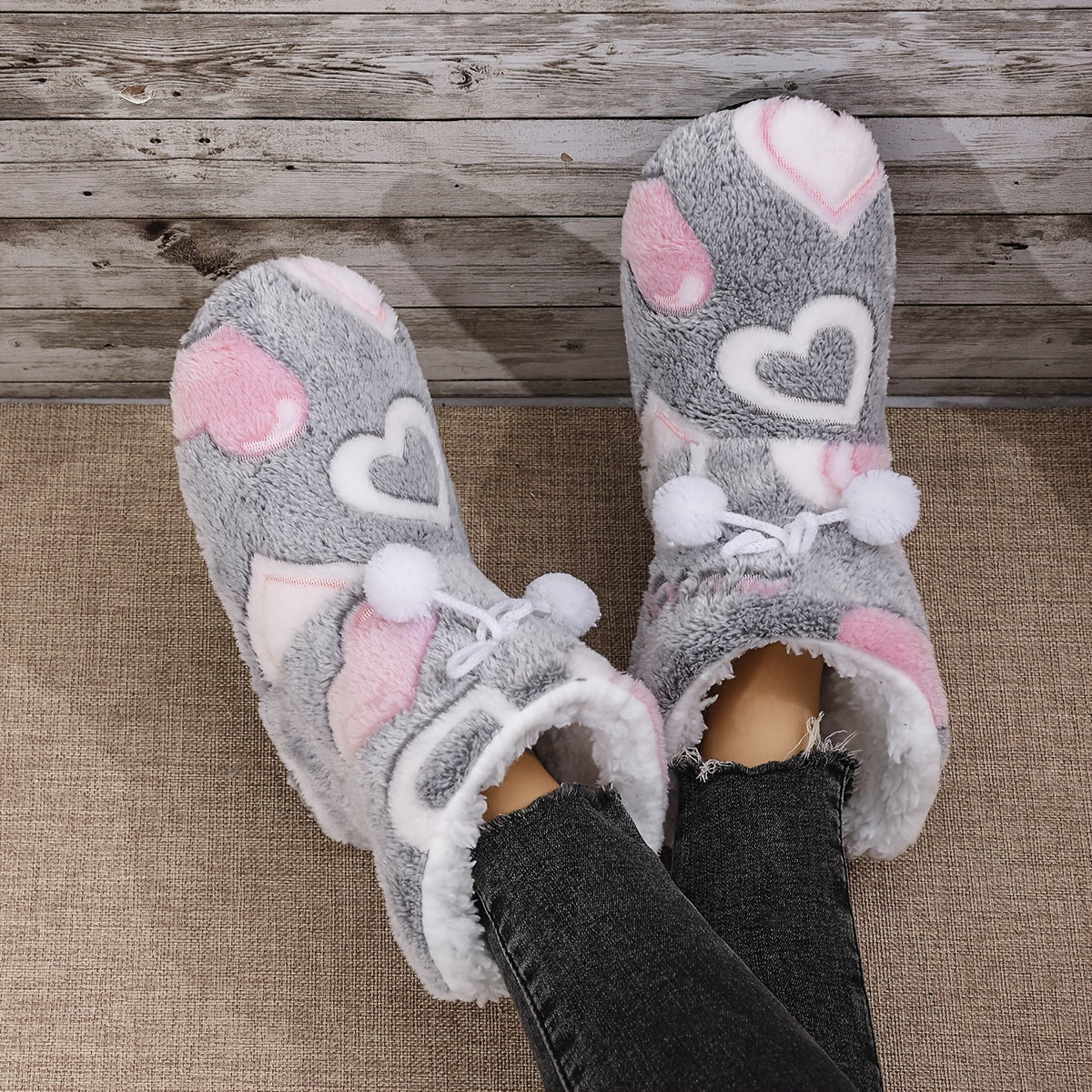 Women's Elegant Heart-Shaped Soft Sole Slippers, Winter Gray Quiet Home Shoes with Fabric Upper and Lining