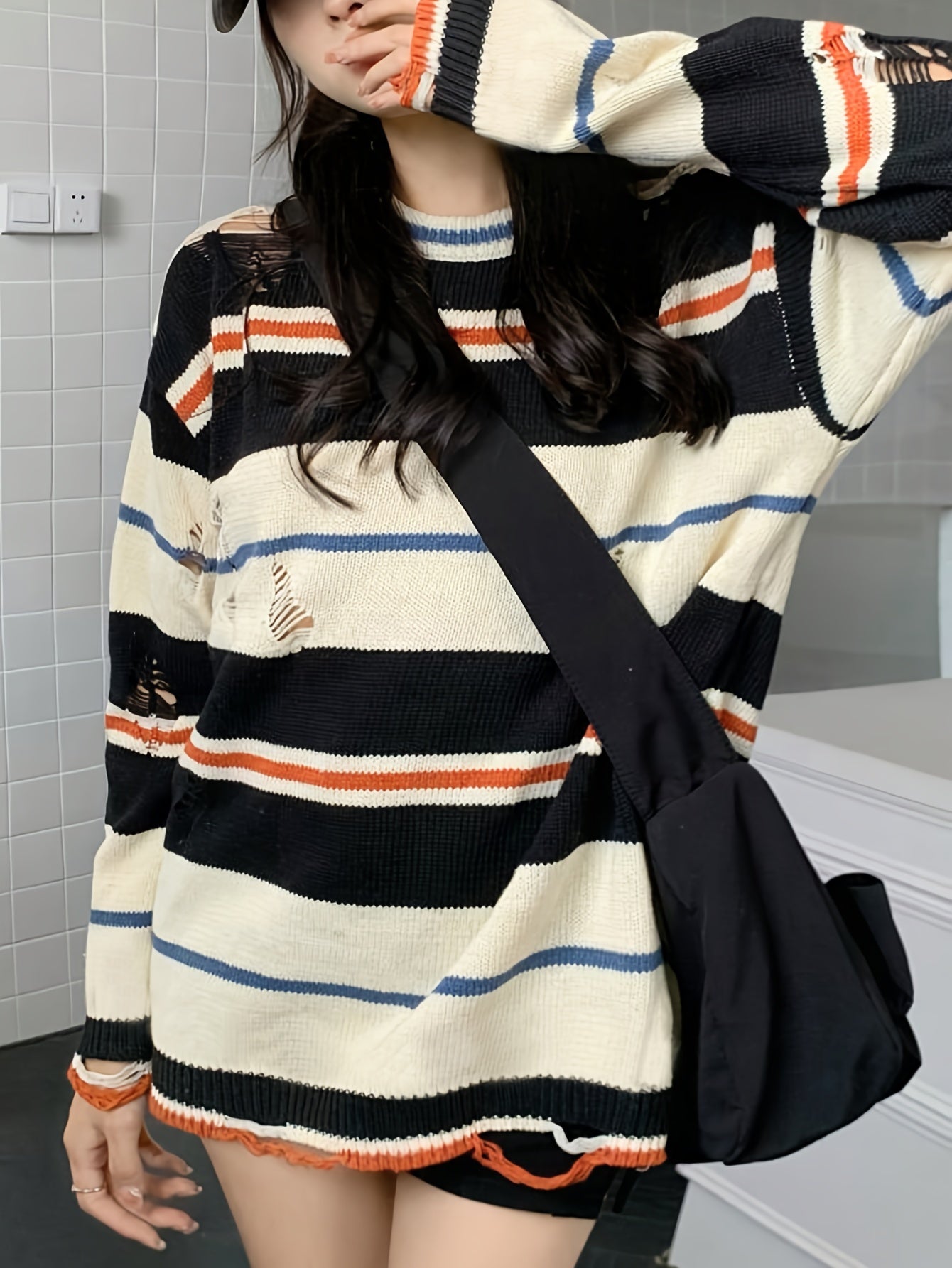 [Seasonal Fashion] Women's Casual Striped Ripped Knit Sweater - Long Sleeve, Round Neck Pullover in Black, White, and Orange, Distressed Detail, High-Stretch Polyester Blend