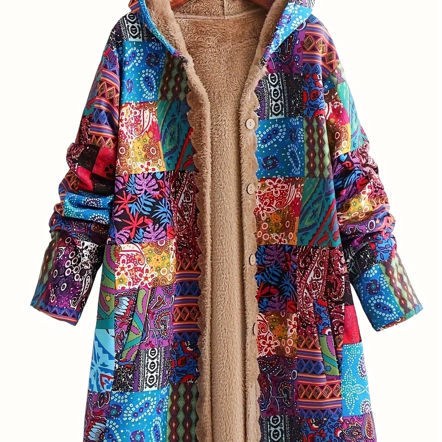 Ultra-Warm Chic Ethnic Print Hooded Jacket with Fleece Lining - Comfortable Casual Long Sleeve Outerwear for Women, Machine Washable, Button Pockets, Autumn & Winter